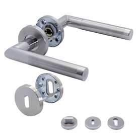 APECS Door Handles Handle Set for Front Door and Interior Doors Door Handle Made of 304 Stainless Steel Matt Door Fitting Exterior Door Satinised with Round Rosettes Door Handle Set WC | PZ | BB Model