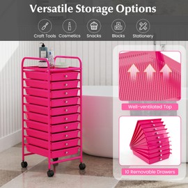 ARLIME 10-Drawer Storage Cart, 10 Drawer Trolley, Rolling Organizer Cart, Scrapbook Paper Organizer, Suitable for Office and School, Rolling Office Storage Tools (Hot Pink)