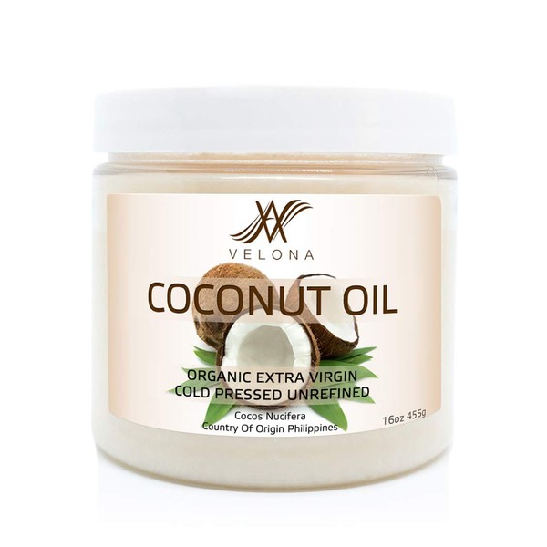 Coconut Oil Extra Virgin by Velona - 16 oz | 100% Pure and Natural Carrier Oil | in jar | Extra Virgin, Expeller Pressed | Skin, Face, Body, Hair Care | Use Today - Enjoy Results