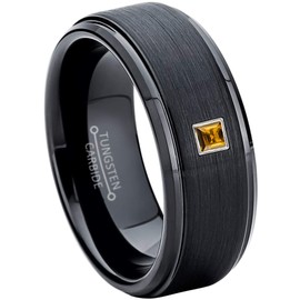 Brushed Black Tungsten Carbide Mens Wedding Band with 0.05ctw - 0.10ctw Princess Cut Citrine Birthstone Tungsten Ring - Stepped Edge Comfort Fit Tungsten Anniversary Ring - RG Bezel