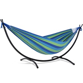 SUNCREAT Portable Outdoor Hammock with Stand Included, Double Hammock with Stand for Outside, Blue & Green Stripes