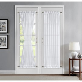 LinenZone Luxury Sheer French Door Curtains. 2 Faux Linen White French Door Curtain Panels with 2 Tiebacks. Door Curtains for Front Door, Kitchen Door, Backyard Door. (Karina FR 52 x 72, White)