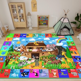 DINSUMRUG ABC Kids Rug for Playroom 59×39.4 in Noah's Ark Animals Rug Baby Play Mat Alphabet Mat Shape Color Classroom Carpet Kids Playroom Early Learning Carpet for Preschool Toddlers Tummy Time