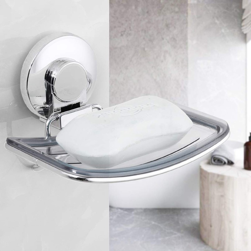LEVERLOC Chrome Suction Cup Soap Dish Holder for Shower Wall