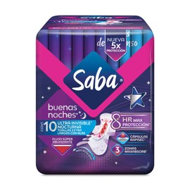Saba Toallas Sanitarias para Dama Ultra Invisible con Alas Ultradelgada Nocturna, color Azul/Rosa, 10 Piezas