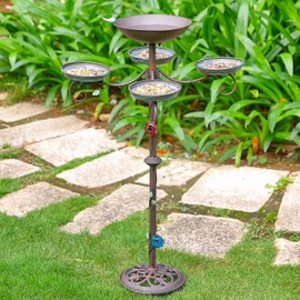 CaliDecor 46”H Bird Bath and Feeder for Outdoors - Metal 5-in-1 Freestanding Bird Feeder for Outside, Cast Iron Pedestal 3 Prong Stake for Garden Patio Yard