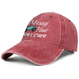 Wpnchsdc Messy Hair Don't Care Trucker Baseball Hats Cap for Women Girl - Adjustable Retro Washed Cotton Women Hat (Red,Blue Truck)
