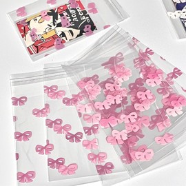 Self Seal Small Cellophane Bags OPP Clear Mini Gift & Candy Cookie Bag for Birthday Party (200pc-8 * 10+3cm-Pink bow)