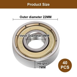 Pack of 40 608 ZZ Ball Bearings, Carbon Steel High Speed Miniature Ball Bearings, Heat Resistant Ball Bearings, Skateboard, Small, Deep Groove Ball Bearings for Scooters, Inline Skates, (8 x 22 x 7)