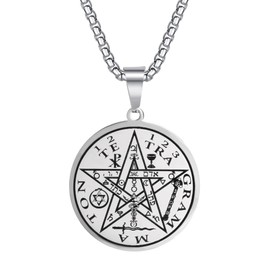 Yaumatea Tetragrammaton Pentacle Necklace for Men Pentagram Protection Amulet Wicca, Five-pointed Star Ancient Power Name of God Stainless Steel 24 inches (Silver)