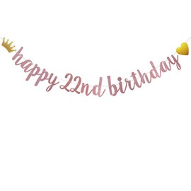 Happy 22nd Birthday Banner, Pre-Strung,Rose Gold Glitter Paper Garlands for 22nd Birthday Party Decoratiopns Supplies, Letters Rose Gold,ABCpartyland
