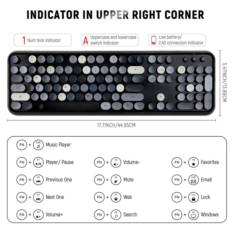 LETTON Wireless Keyboard Mouse Combo, 2.4GHz Typewriter Keyboard Wireless, Colorful
