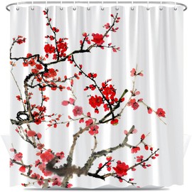 Plum Blossom Shower Curtain Red Flowers Cherry Blossom Asian Japanese Watercolor Floral Branches Vintage Ink Painting Traditional Nature Bathroom Curtains with Hooks 70X70 Inch