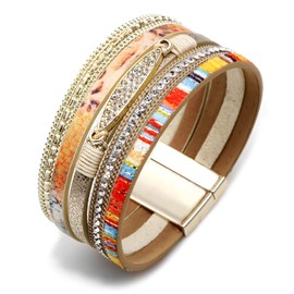 Women Leather Bracelet Multi-Layer Wraps Charm Bracelet Boho Wide Buckle Wristband Magnetic Clasp Bangle