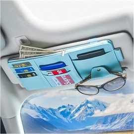 XINLIYA Car Sun Visor Organizer, Leather Storage Pocket Sun Visor Pouch with Zipper for Cards License Registration Pen Glasses Document, Fits Most Car SUV, Auto Interior Accessories (Blue)