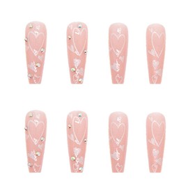 Glitter Gradient Pink Press on Nails Long French Fake Nails with Heart Design Luxury Rhinestones Glue on Nails Matte Stick on Acrylic Nails for Women Girls 24Pcs