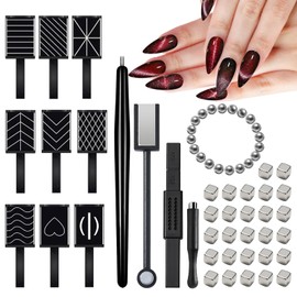 JERCLITY 60 Pieces Cat Eye Magnet for Nails Beads Cube Nail Magnet Double-Head Multi-Function Nail Magnet Stick Nail Magnetic Pen Cylindrical Nail Magnet 9 Line Stripe Magnetic for Cat Eye Gel Polish