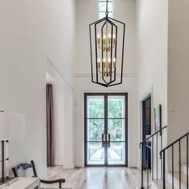 Lanhall 8-Light Lantern Tired Farmhouse Ceiling Hanging Light Black Chandelier Metal Modern Pendant Light Fixtures for Kitchen Island Dining Room Living Room Foyer Entryway-Brushed Brass