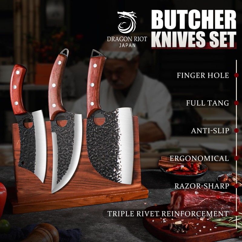 DRAGON RIOT Professional Butcher Knife Set for Meat Processing, 3Pcs