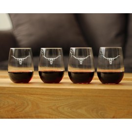 Longhorn - Stemless Wine Glasses - Set of 4 - Western Themed Farm Decor and Gifts for Texan Ranchers - Large 17 Ounce
