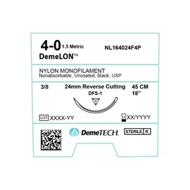 DEMETECH DemeLON Non-Absorbable Nylon Monofilament Suture, DFS-1, 24mm, 3/8 Circle, Reverse Cutting Needle, USP Size 4-0, 18 inches, (45cm), Black