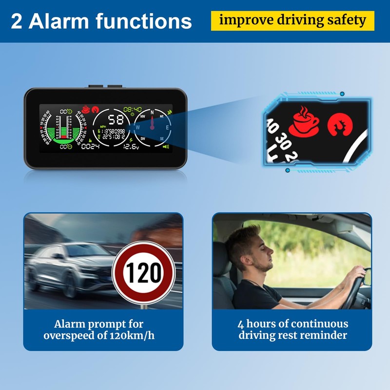 Car Inclinometer for Off-Road Driving, GPS Speedometer MPH KMH with