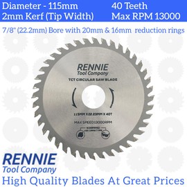 Rennie Tools - Pack Of 3 x 115mm Circular Saw Blade TCT Wood Cutter Blade. 40 Teeth (40T) Carbide Tipped Saws for Woodworking Wood Cutting 7/8 inch (22.23mm) Bore + 20mm and 16mm Reduction Rings.