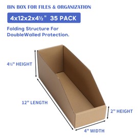 EXYGLO Cardboard Storage Bins 35 Pack, 12x4x4.5 Inch Cardboard Boxes, Corrugated Organizer Bins for Pantry, Shelves, Garage, Office, Shop, Brown