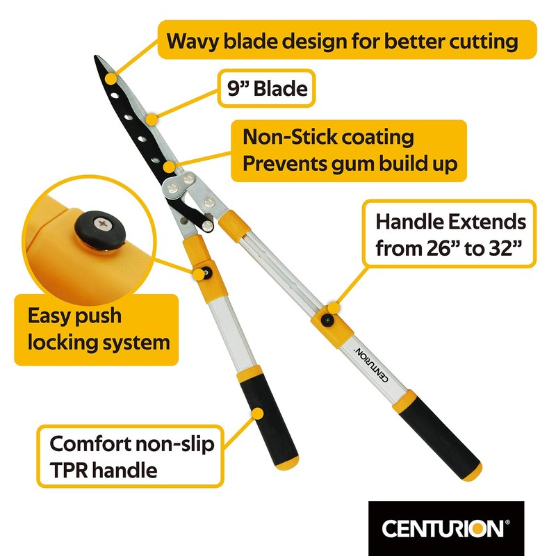 Centurion 75 Upgraded Telescoping Hedge Shears with 9-inch Wavy Blade