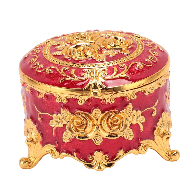 Vintage Metal Jewelry Box Round Exquisite Hand Carved Gold Flower