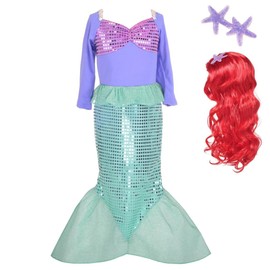 Lito Angels Mermaid Costume Princess Ariel Fancy Dress Up Birthday Party Outfit with Hair Wig for Kids Girls Age 8-9 Years, Purple (Tag Number 140)