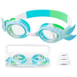 WenYa Mermaid Swimming Goggles for Girls, Mermaid Girls Anti-Fog Clear Vision Swimming Goggles with Adjustable Nose Rest for Girls 5-12+ (Green)