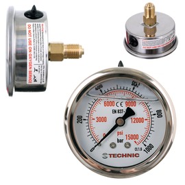 Glycerine Pressure Gauge 0-1000 Bar 15000 PSI 63mm 1/4" Pneumatic Hydrauli