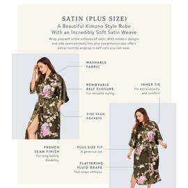 KIM+ONO Plus Size Women's Satin Kimono Robe Short - Floral - Peacock & Blossoms - Caper (Green), Satin Kimono Robes for Women with Floral Designs, 35.5 inches in Length, Plus Size.