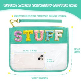 LSxia Chenille Letter Clear Travel Zipper Pouch Nylon Makeup Bag, Preppy Bag Cosmetic Toiletry Water-proof Snack Bags for Women Girls (Green-Stuff)