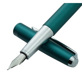 HongDian 525 Green Metal Fountain Pen Bent Nib, Calligraphy Fude Pen 0.6mm with Converter and Metal Box Set