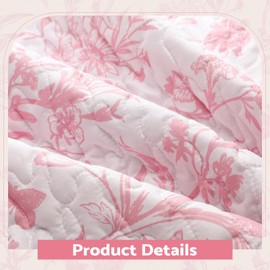 Breling Pink Floral Quilted Throw Blanket 50 x 60 Inch Flower Quilt Throw Versatile Reversible Lightweight Lap Quilt Blanket Cute Coquette Decor for Sofa Bed Couch Living Room