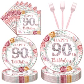 96Pcs 90th Birthday Party Decorations for Women Disposable Tableware Set -Rose Gold Floral Happy 90th Birthday Paper Plates Napkins Forks 90 Years Old Theme Party Supplies Serve 24 Guests