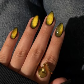 KQueenest Cat Eye Gold Press on Nails Almond Shape, 30 Pcs Glitter Fake Nails Medium, Thick Sparkly Black Nails Press on, Shiny Acrylic Nails, Cute Bling Stick on Nails for Women