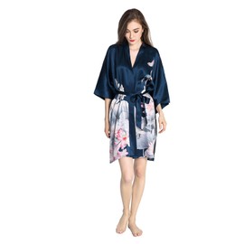 KIM+ONO 100% Mulberry Silk Kimono Robe Short - Floral Print, Lotus - Navy