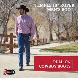 Justin Temple 10" Roper Cowboy Boots for Men - Durable Pull-On Round Toe Cowhide Boots with Covered Cushion Insole and Triple-Density Insole Board, Black - 13 EE