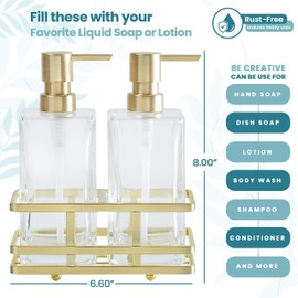 Square Glass Clear Lotion and Soap Pump Dispenser Set with Metal Stand Caddy for Bathroom Bath Kitchen Home Office Travel Hotel Hand Crafted Heavy Weight Brushed Gold