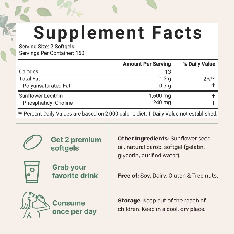Sunflower Lecithin 1600mg Cold Pressed Rich in Phosphatidyl Choline 300