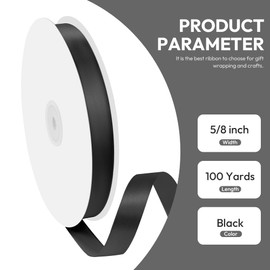Quhora 5/8 inches Wide x 100 Yards Single Black Polyester Satin Ribbon, Satin Ribbon for Gift, Crafts, Hair Bows, Gift Wrapping, Wedding Party Decoration and More
