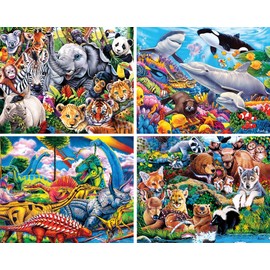 MasterPieces Puzzle Set - 4-Pack 100 Piece Jigsaw Puzzle for Kids - World of Animals 4-Pack - 8"x10"