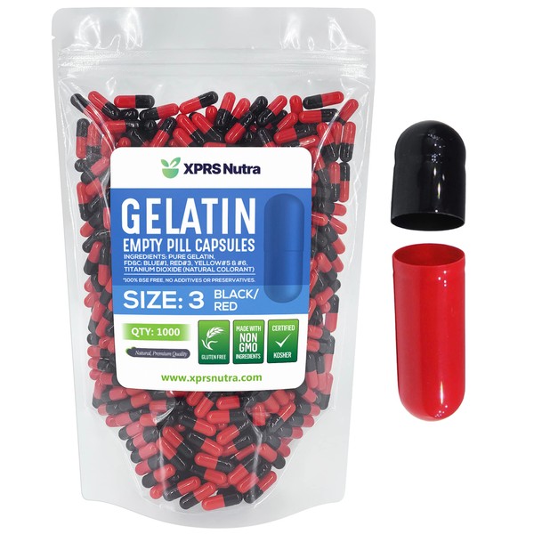 Capsules Express - Cápsulas vacías de gelatina (1000 unidades), color negro y rojo