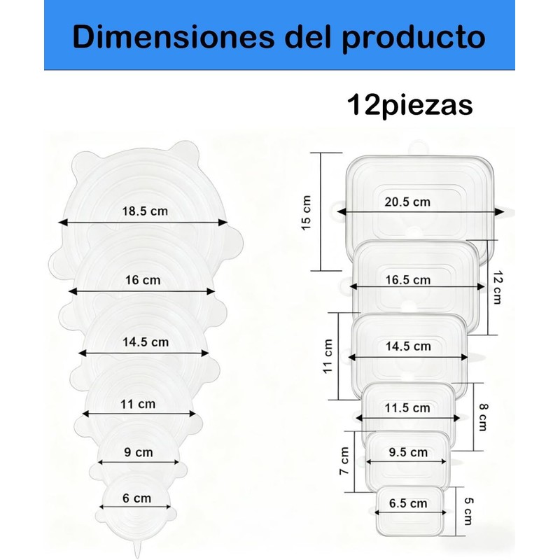 12 Piezas Tapas De Silicona Elásticas Reutilizables, 6 Redondas Y