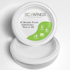 ECOWINGS 9 inch Biodegradable Plates, Eco-Friendly and Compostable - Better Than Paper or Plastic Plates - (Pack of 50) - Excellent Choice for BBQ, Birthday Parties and Other Events!