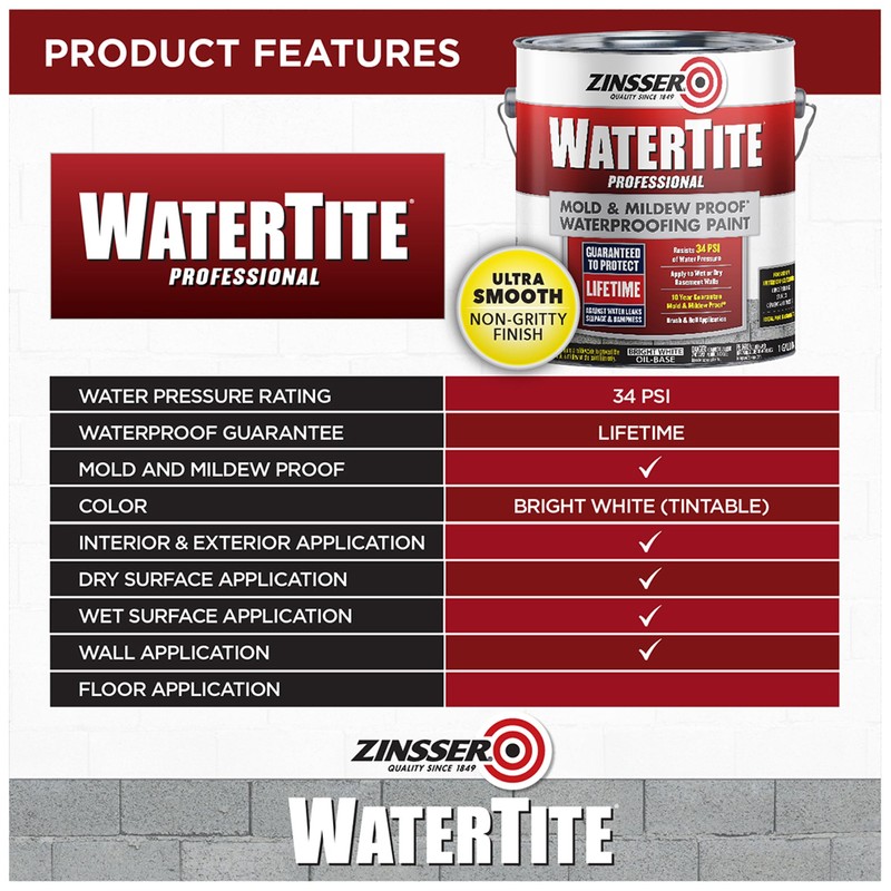 Zinsser 5001 WaterTite Professional Waterproofing Paint, Gallon, White