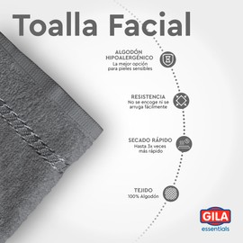 GILA Toalla Facial de Algodón Hipoalergénico Essentials I Paquete de 12 Toallas para Cara Color Gris (30 x 30 cm)
